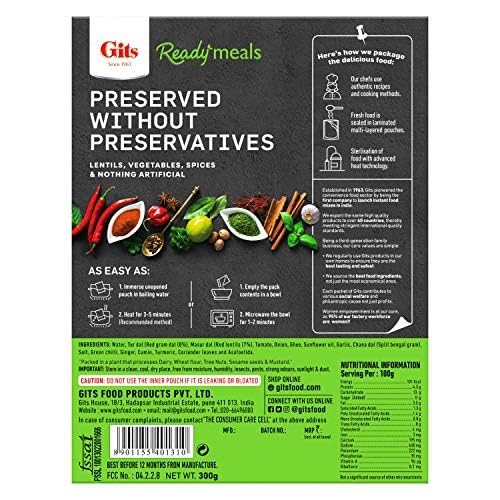 Gits Ready To Eat Dal Tadka, Pure Veg Heat And Eat Indian Meal, Microwaveable, 1200G (Pack Of 4 X 300G Each)