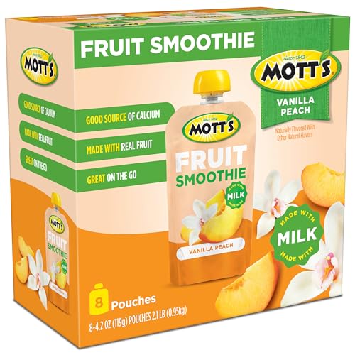 Motts Fruit Smoothies Vanilla Peach, 4.2 oz clear pouches, 8 Pack, Made With Milk, Made With Real Fruit, Good Source of Calcium,