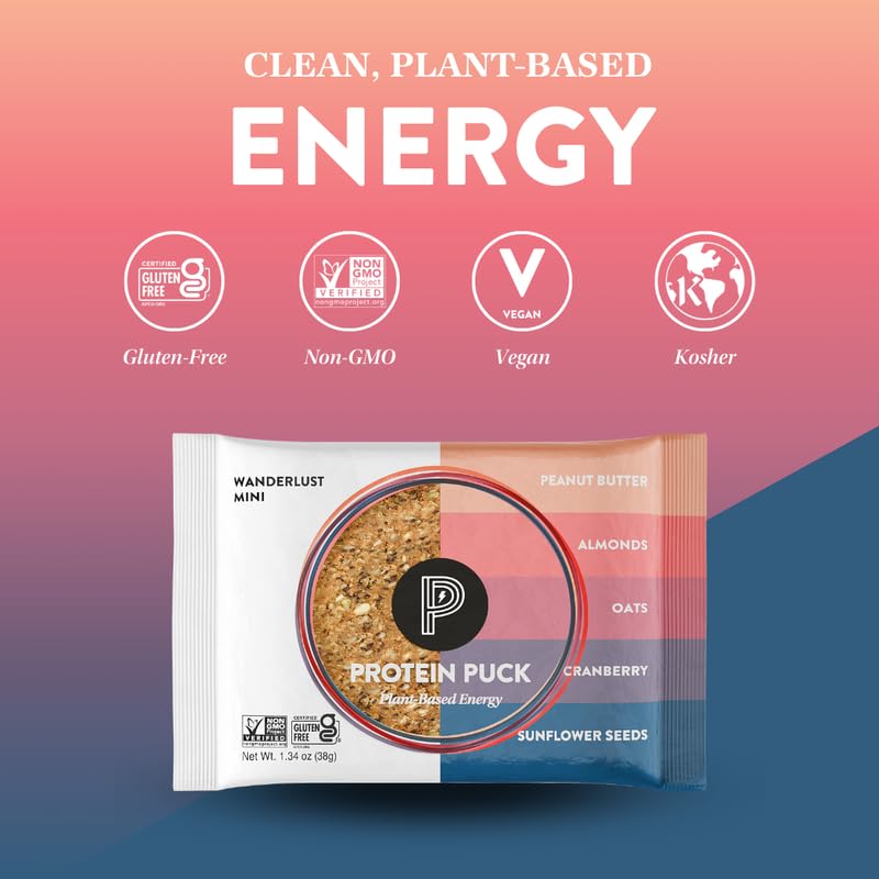 Protein Puck Mini Protein Bars, Wanderlust, Case Of 12 - High Protein Snacks With 6 Grams Of Vegan Protein - Gluten-Free, Non-Da