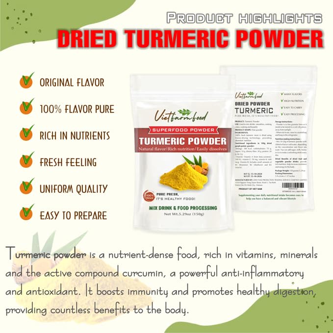 Turmeric Powder 5.29 Oz (150G) Vietfarmfood: Freeze-Dried Extracted From 100% Pure, Sugar-Free. Used To Mix Mixed Drinks Fresh F