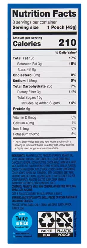 Sweet & Salty Trail Mix: Peanuts, Raisins, Sunflower Kernels, Chocolate Candies, 8 On the Go Individual Mixed Nut Packs,1.5oz Sn