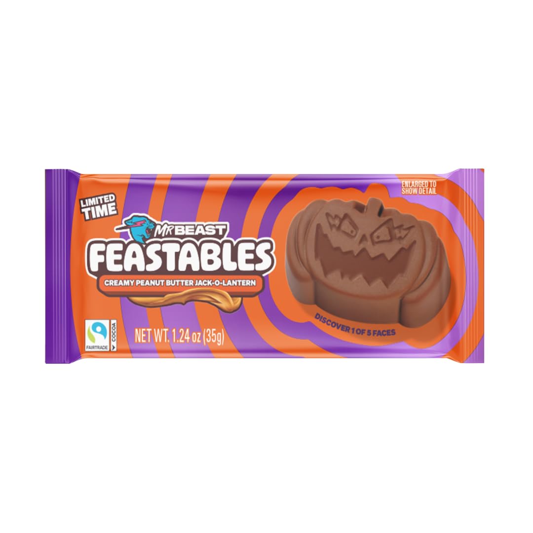 Feastables Mrbeast Peanut Butter Jack-O-Lantern, Milk Chocolate & Creamy Peanut Butter Filling, Cups For Mature-Themeds & Kids, Chocolate Candy For Halloween Snacks, Made With Fairtrade Cocoa, 30 Count