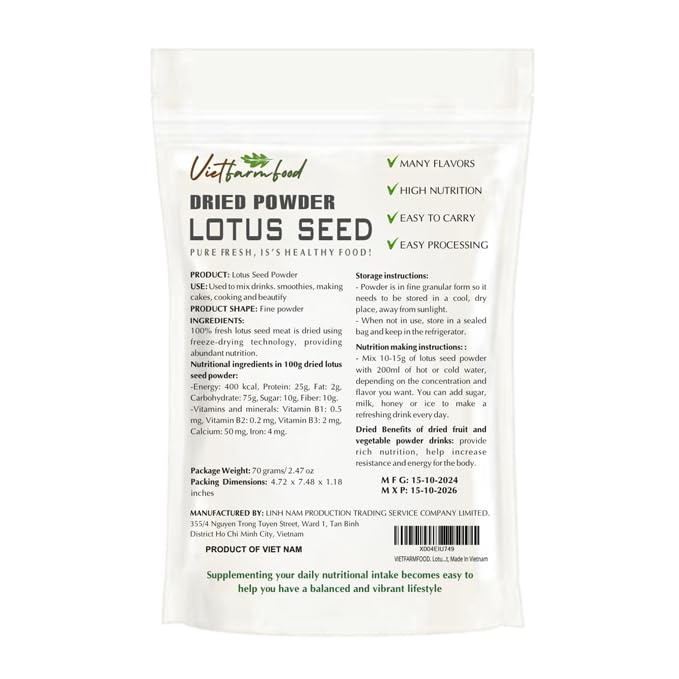 Lotus Seeds Powder 2.47 Oz (70G) Vietfarmfood: Freeze-Dried Extracted From 100% Pure, Sugar-Free. Used To Mix Mixed Drinks Fresh