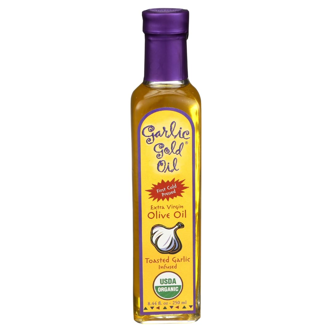 Premium Certified Organic Extra Virgin Olive Oil Infused with Garlic, Low FODMAP, Garlic Gold (8.44 fl oz)