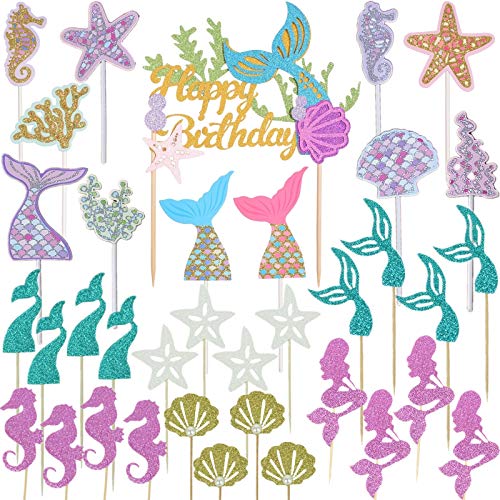 Wootkey Glitter Mermaid Theme Birthday Cake Topper Under The Sea Party Supplies Cake Decoration Cupcake Toppers 36 Pcs Mermaid T