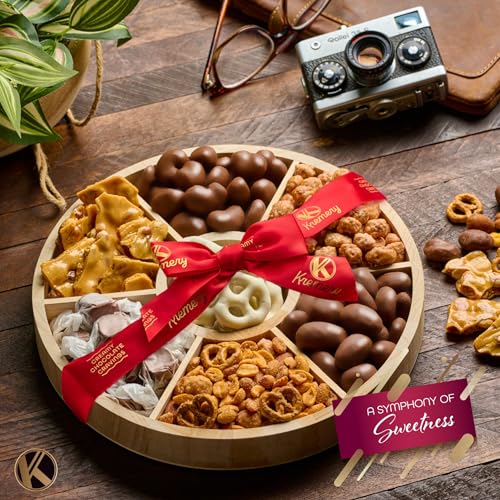 KREMERY Creamy Chocolate Cravings - Valentines Day Chocolate Covered Pretzels & Nuts Gift Basket, in Reusable Round Wooden Tray