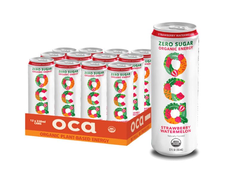 Oca Zero Strawberry Watermelon  Organic Energy Drink  Zero Sugar  Gluten-Free  Vegan Plant-Based  12 Fl Oz (12-Pack)