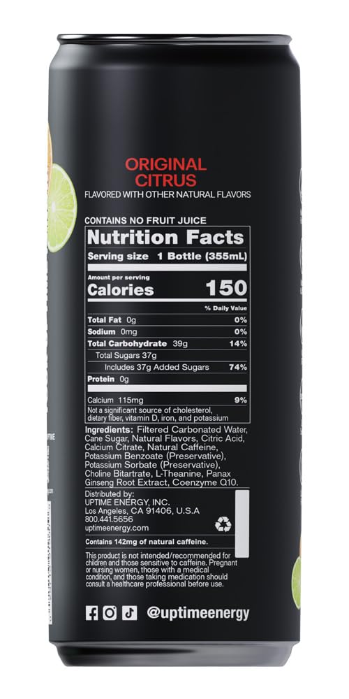 UPTIME Premium Energy Drink, Original Citrus, Natural Caffeine, 12oz Bottles, Pack of 12