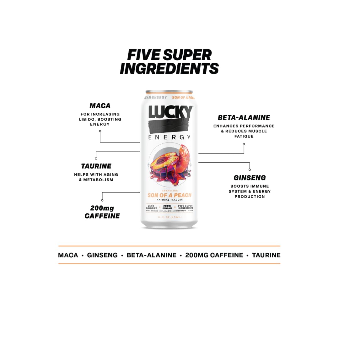 Lucky Energy Sugar Free Energy Drink, 16oz Can, 12-Pack, Son of a Peach, Zero Sugar, 200mg Caffeine, with Maca & Ginseng
