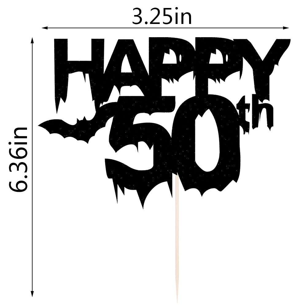 Qertesl Black Glitter Happy 50 Cake Topper, Happy 50Th Birthday Cake Decoration, Bat Halloween 50Th Birthday Party Cake Decorati
