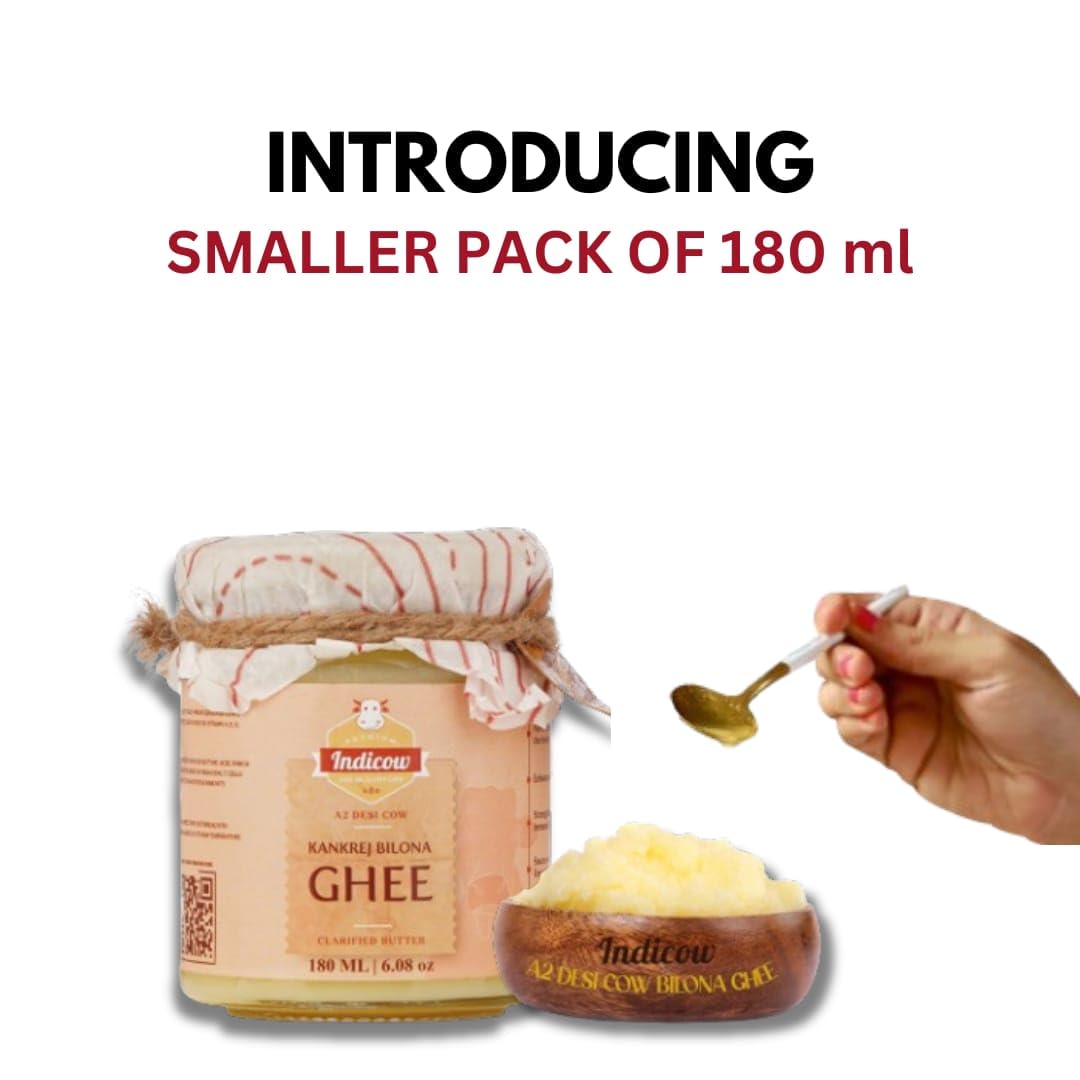 Indicow A2 Desi Cow Ghee, Clarified Butter 180ml | Grass Fed Cows | (180ml (6.08oz), A2 Kankrej Cow Ghee) | Keto and Paleo Frien