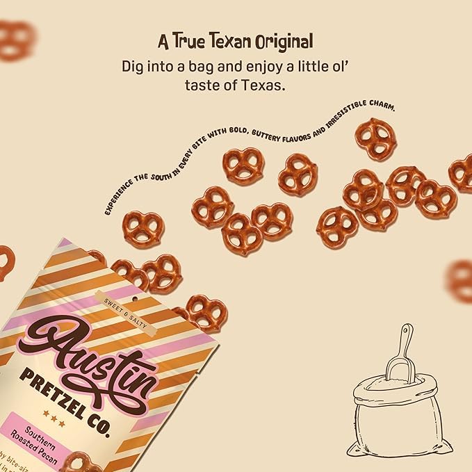 Austin Pretzel Co. Southern Roasted Pecan Pretzels, 4 Oz Gourmet Snack, Crunchy Bite-Sized, Pack of 4