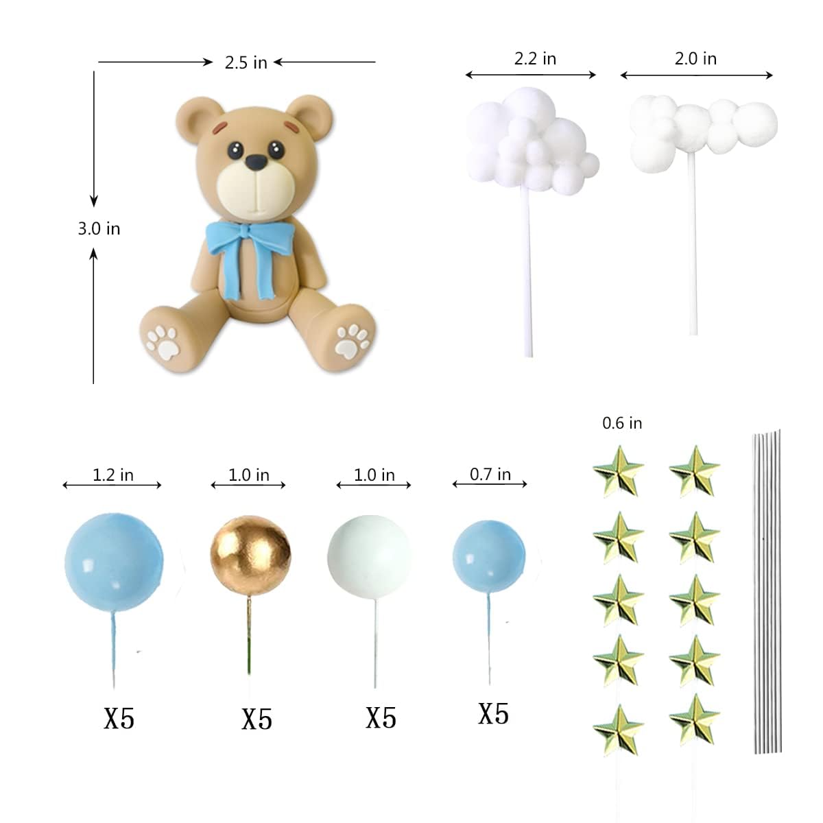 HAVAGDTM Bear Cake Toppers - Blue Bear Set, Plastic Decorations with Stars & Clouds for Baby Shower & Birthday Party