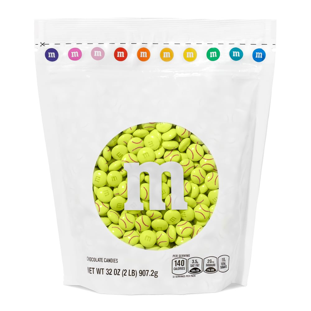 M&MS WORLD Softball Milk Chocolate Candy - 2 lbs of Bulk Chocolate Candy With An Electric Green with Red Stitching Design, For S