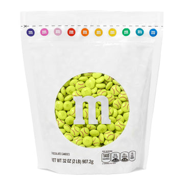 M&MS WORLD Softball Milk Chocolate Candy - 2 lbs of Bulk Chocolate Candy With An Electric Green with Red Stitching Design, For S