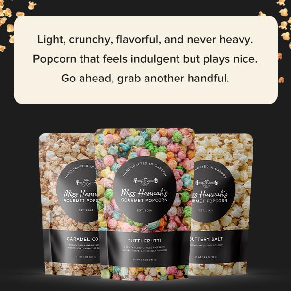 Miss Hannahs Gourmet Popcorn Party Pack - Bridge City Mix, Tutti Frutti, & Sea Salted Brulee - Non-GMO, Sweet & Savory Snack Bo