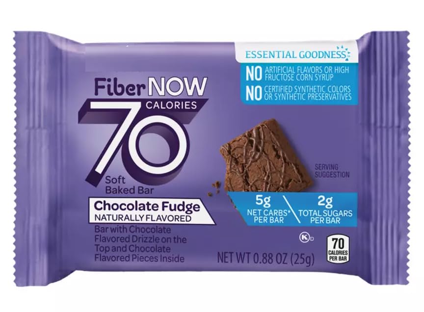 Fiber Now 70 Calorie Chocolate Fudge Cake Bars, 6 ct On the Go Low Carb (5g Net) Snack Snacking Food Treat, Millville 5.29oz Box
