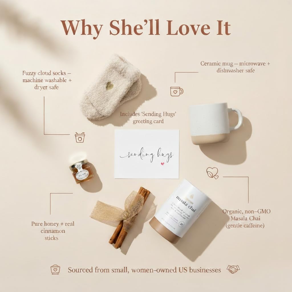 Unboxme Sending Hugs Comforting Gift Basket for Women - Soothing Self Care Box with Fluffy Socks, Ceramic Mug, Chai Tea, Honey &
