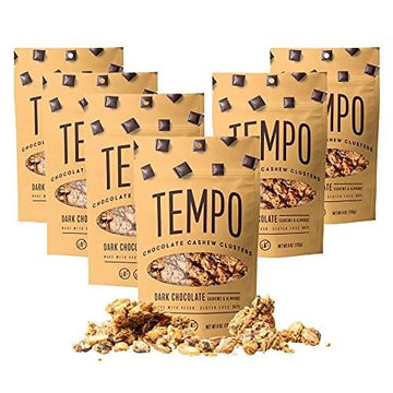 TEMPO GRANOLA Dark Chocolate Cashew Pecan Granola Clusters (6 Pack) Gluten Free Oats, High Protein, Low Sugar, Vegan, Dairy Free