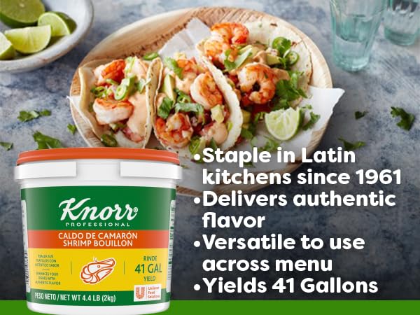 Knorr Professional Caldo de Camaron  Shrimp Bouillon with Shrimp Flavor Granulated Base  Bouillon as a Base  Marinade  Flavor Enhancer  Shelf Stable Convenience  0g Trans Fat  4.4 lbs (Pack of 4)