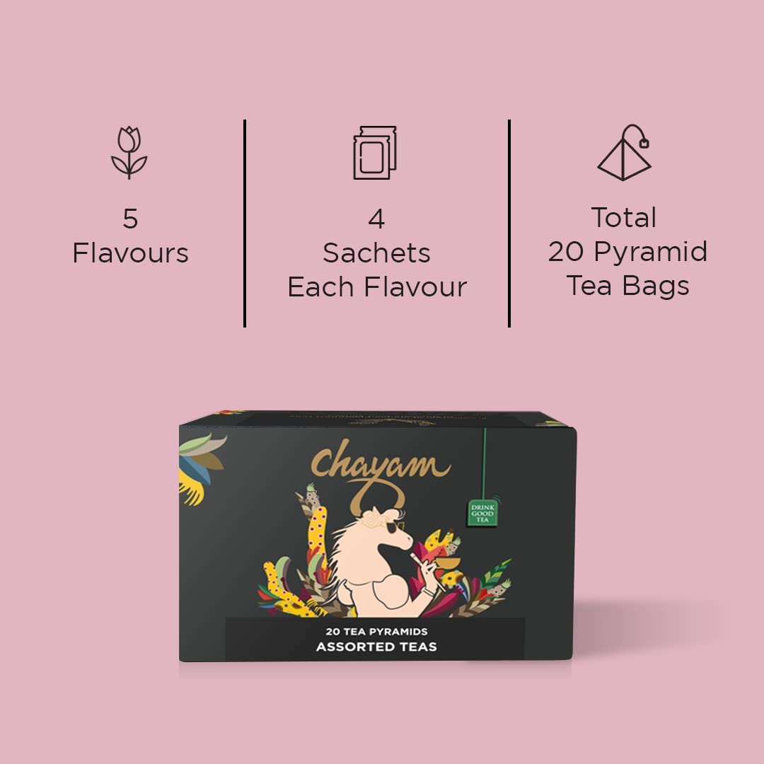 Chayam Assorted WomenS Day Gift Box, 20 Tea Bags, 5 Flavors | WomenS Day Festive Variety Pack | Himalayan Green, Cinnamon, Tul