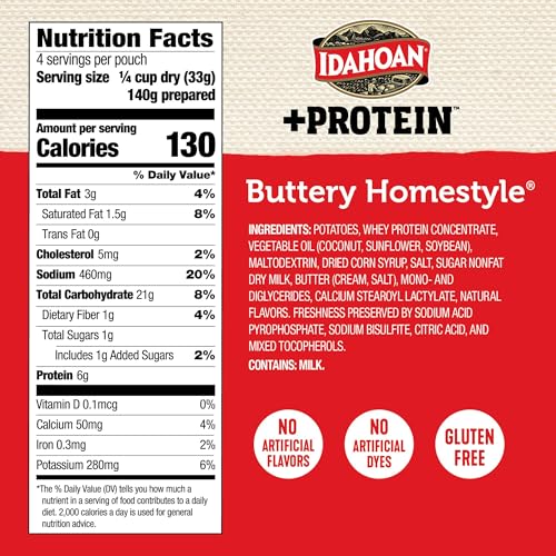 Idahoan Buttery Homestyle +Protein Mashed Potatoes, Naturally Gluten-Free, 100% Real Idaho Potatoes, 4 servings per bag, 4.6 oun