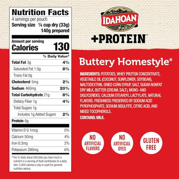 Idahoan Buttery Homestyle +Protein Mashed Potatoes, Naturally Gluten-Free, 100% Real Idaho Potatoes, 4 servings per bag, 4.6 oun