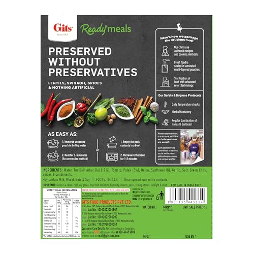 Gits Ready To Eat Dal Palak, Pure Veg Heat And Eat Indian Meal, Microwaveable, 300G