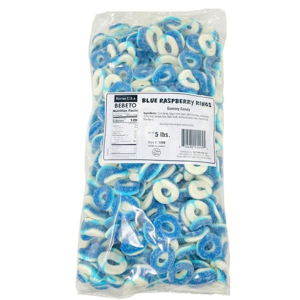 Kervan Candy Bebeto Blue Raspberry Rings - Fruity, Soft, Sweet & Sour Gummy Candy Bulk For Kids, Gift Snacks And Parties - Blue Raspberry Gummies Party Size Bag (5 Lbs)