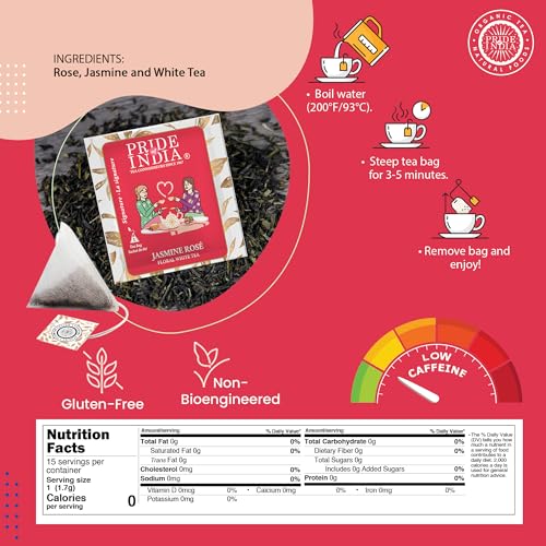 Pride Of India | Jasmine Rose Royal White Tea | 15 Pyramid Full Leaf Individually Wrapped Tea Bags | Smooth & Sweet Flavor | Soothing & Calming Experience | Less Caffeine, Non-Bioengineered