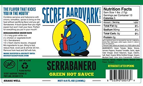 Secret Aardvark Serrabanero Hot Sauce, Non-GMO, Low Carb, 8 Fl Oz (Pack of 2)
