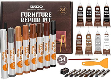 Katzco Furniture Repair Kit Wood Markers - Set Of 34 - Markers And Wax Sticks With Sharpener - For Stains, Scratches, Floors, Ta