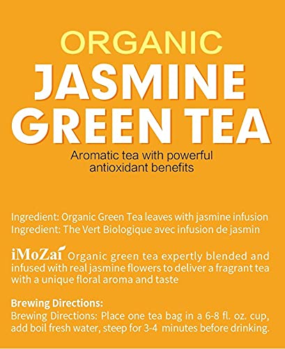iMoZai Organic Jasmine Green Tea Bags - Lower Caffeine, Floral Aroma - 100 Count Individually Wrapped