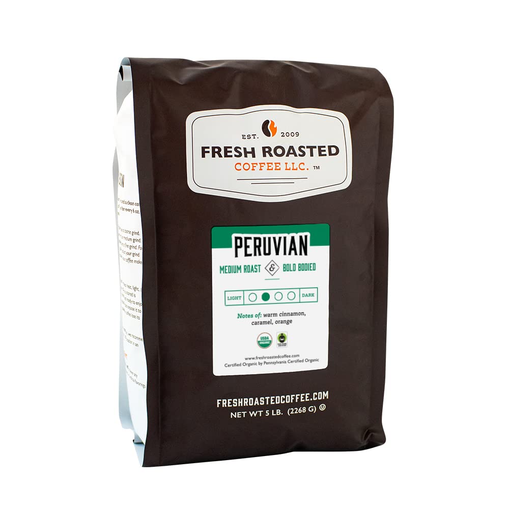 Fresh Roasted Coffee, Organic Peru, 5 Lb (80 Oz), Medium Roast, Fair Trade Kosher, Whole Bean