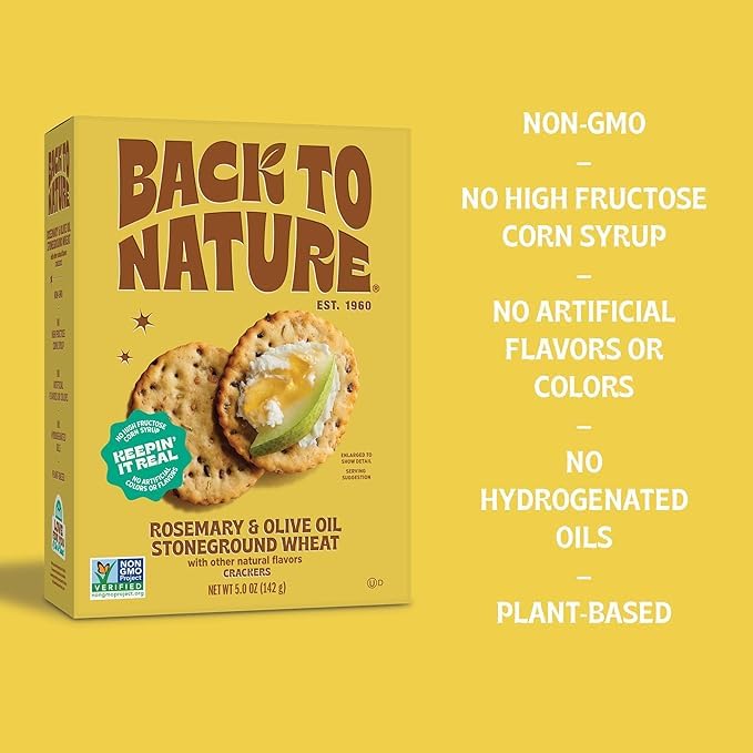 Back to Nature - Stoneground Wheat Crackers - Rosemary & Olive Oil - Real Ingredients like Whole Grain Wheat, Flax Seed and Sea
