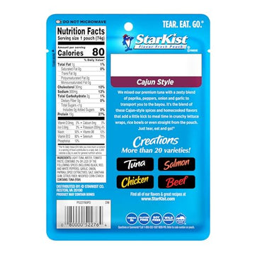 StarKist Tuna Creations Cajun Style  2.6 oz Pouch (24 Pack) Ready to Eat Wild Caught Tuna  15g Protein  80 Calories Per Serving  Gluten Free  Soy Free  Perfect for Salads  Meals and Snacks