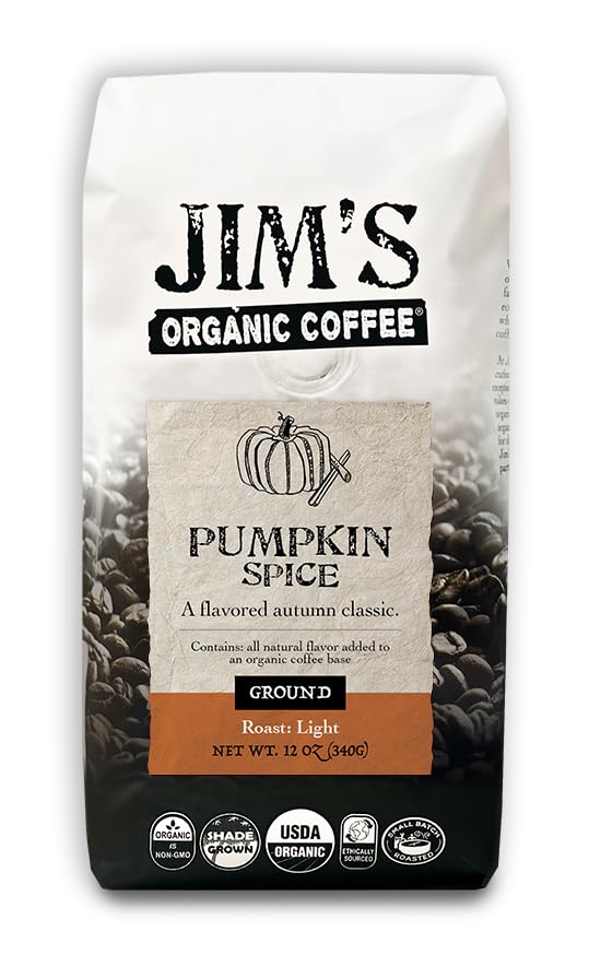 Jims Organic Coffee Pumpkin Spice Light Roast Ground Coffee 12 oz Bag Brown