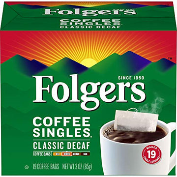 Folgers Coffee Singles Classic Decaf Medium Roast Coffee, 19 Single Serve Coffee Bags