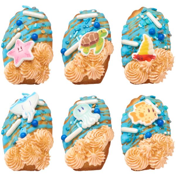 Sea Friends - Hermit Crab, Starfish, Pufferfish, Stingray, And Jellyfish Edible Sugar Cake Toppers, 12 Count
