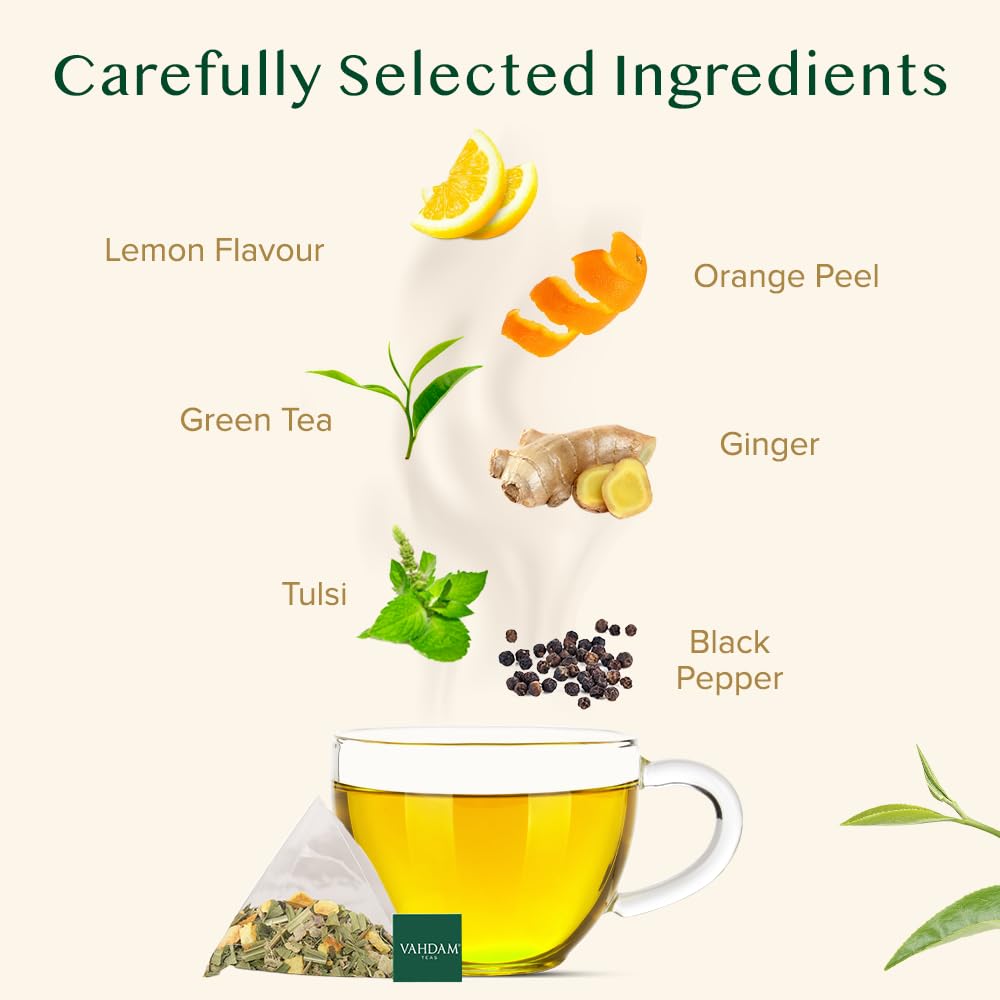 VAHDAM Lemon Ginger Green Tea Bags, 100 Count, Non-GMO, Gluten Free, Fruity Flavor, Resealable Ziplock Pouch