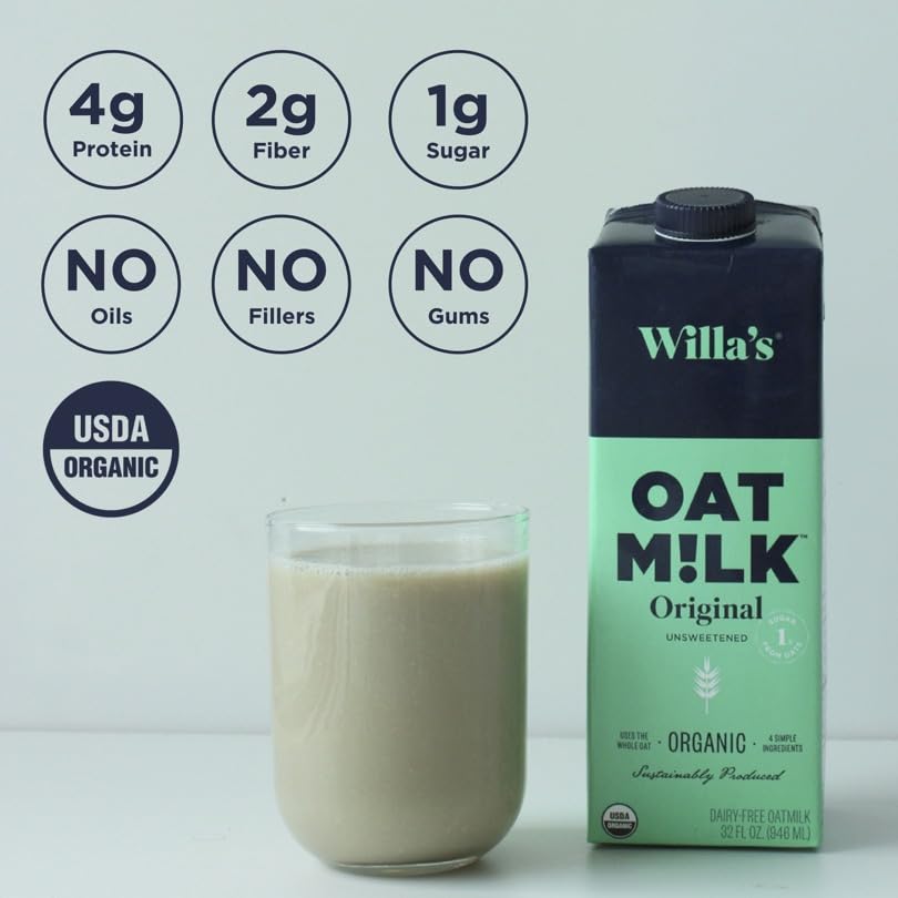 Willas Organic Oat Milk - Unsweetened Original Oatmilk, Non-GMO, Shelf Stable, Low Sugar, Non-Dairy Milk, Made from Whole Grain