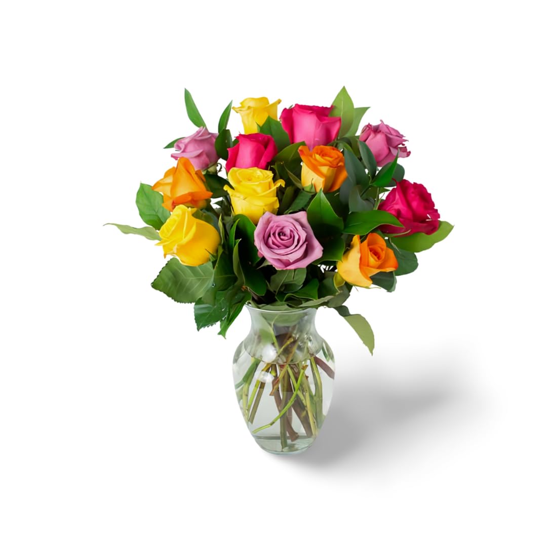 KaBloom Flowers - Mother's Day Collection - PREMIUM 12 Assorted Roses and Greens with Vase - Gift for Birthday, Anniversary, Get