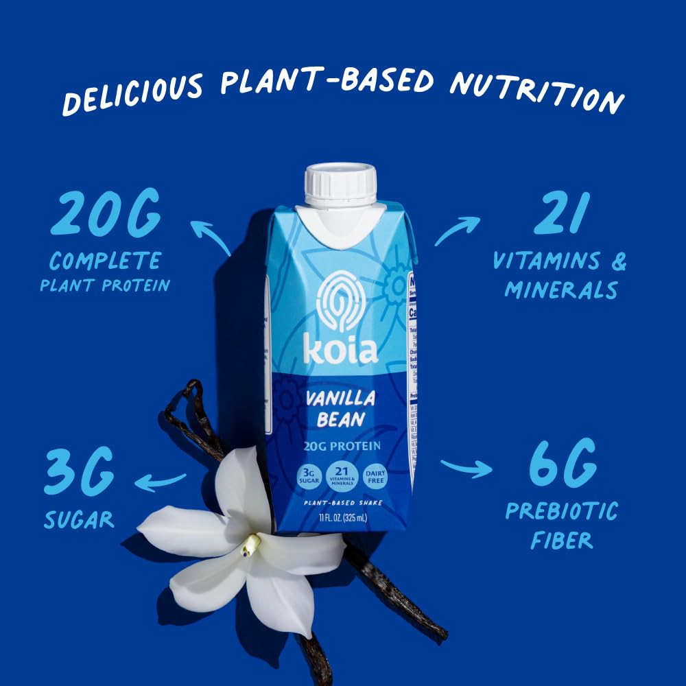 Koia Plant Based Protein Shake, Vanilla Bean, 20g Protein, 3g Sugar, 6g Prebiotic Fiber, 21 Vitamins & Minerals, Meal Replacemen