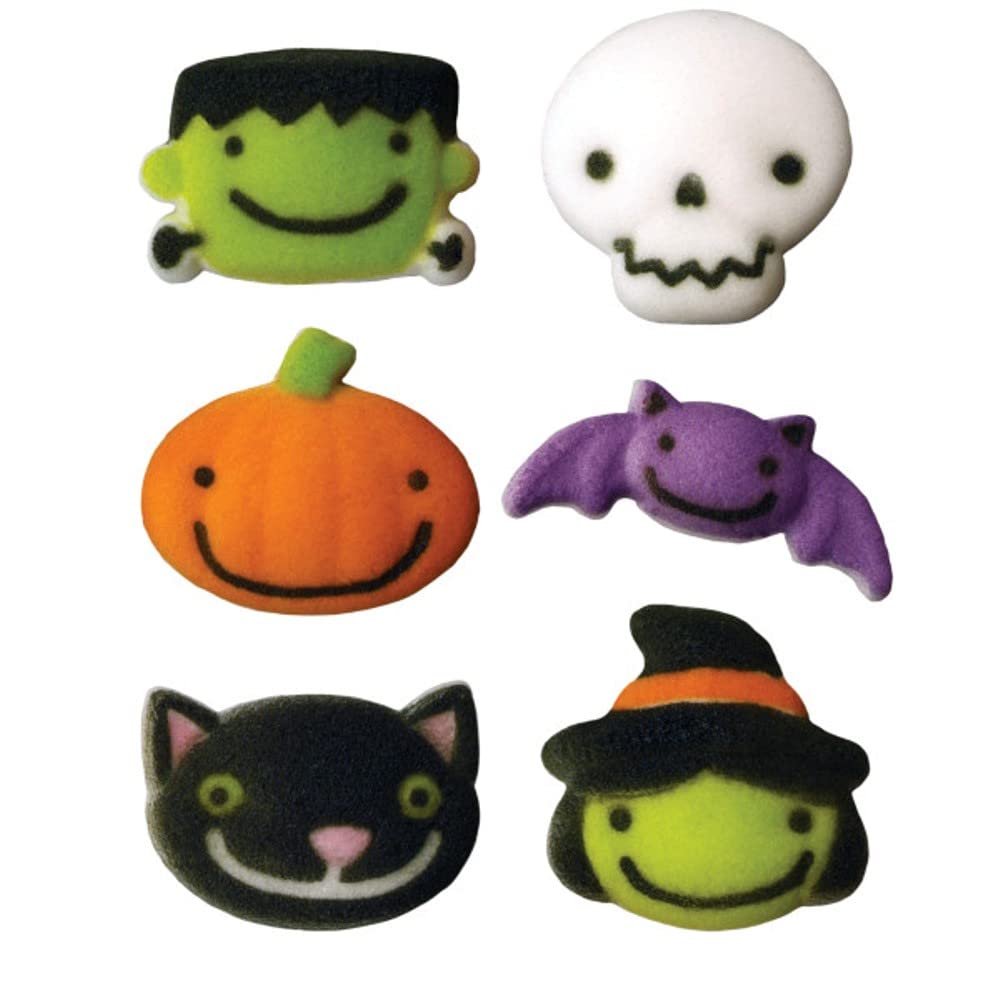 Skull, Pumpkin, Bat, Witch, Cat, and Monster Edible Sugar Cake Toppers, 12 Count