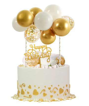 Beishida 5 Inch 10Pcs Balloon Cloud Cake Topper White Gold Happy Birthday Cake Toppers Mini Balloon Cake Topper Garland With Hap
