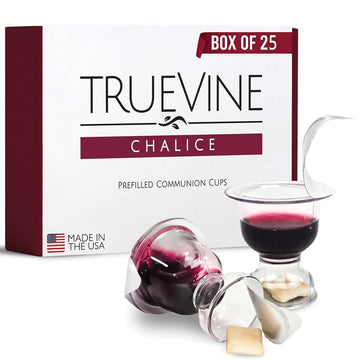 TrueVine Chalice Communion Cups and Wafer Set - 25 Count - Clear Plastic - Prefilled with Unleavened Bread & Grape Juice