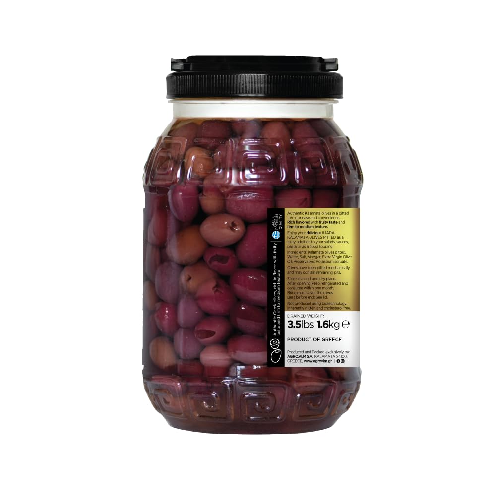 Iliada Kalamata Pitted Olives, Net Wt 6.8 Lbs | Dr Wt 3.5 Lbs - 100% Hand-Picked & Traceable - Authentic Greek Olives In Brine