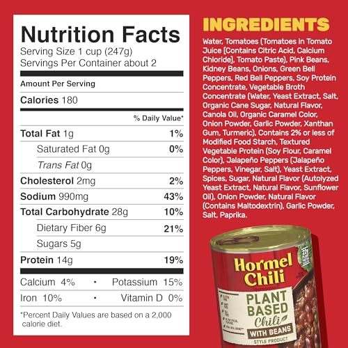 HORMEL Chili Plant-Based Chili With Beans (Pack of 12)  14 oz  22g Protein per Serving  Gluten-Free  Egg-Free  Dairy-Free  No Artificial Flavors Added- Great for Bowls  Dips  Hot Dogs and Appetitizers