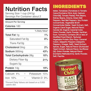 HORMEL Chili Plant-Based Chili With Beans (Pack of 12)  14 oz  22g Protein per Serving  Gluten-Free  Egg-Free  Dairy-Free  No Artificial Flavors Added- Great for Bowls  Dips  Hot Dogs and Appetitizers