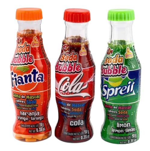 Las Delicias Soda Bubble Gum Candy Bottles, 3 Pack Assorted Flavors, Orange Cola Lemon-Lime